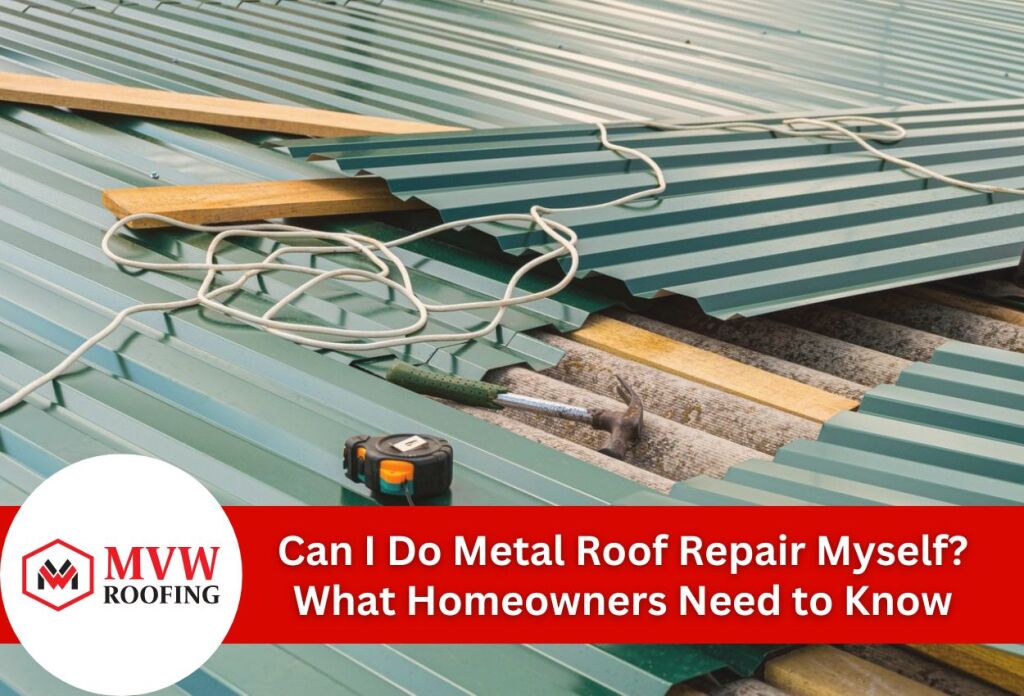 Green metal roofing panels with tools showing roof repair process.