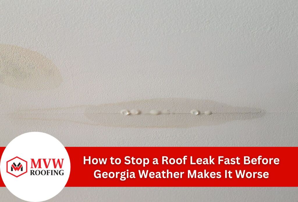 Ceiling with water stain indicating a roof leak problem.