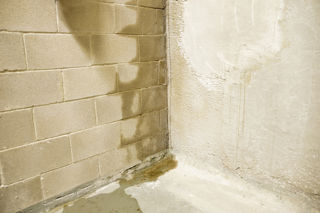 Water damage and mold stains on basement concrete block walls and floor corner