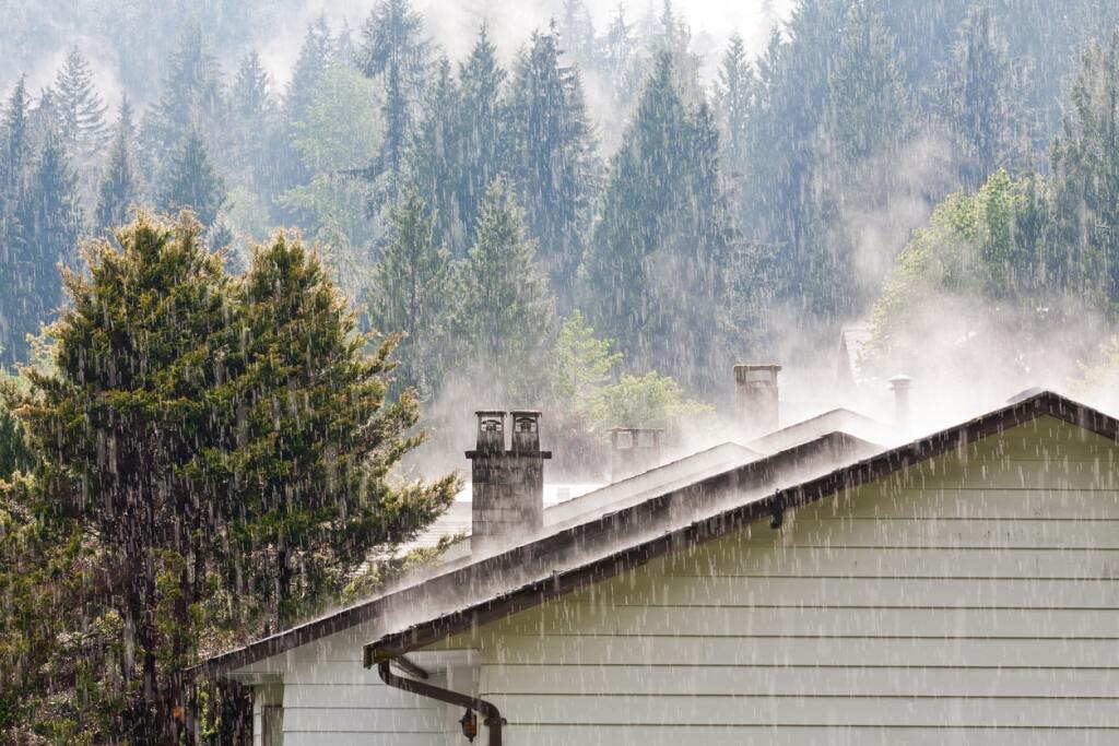 Rain falling on misty rooftops