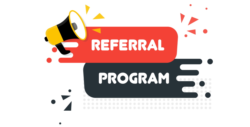 Referral program announcement with yellow megaphone on colorful geometric background