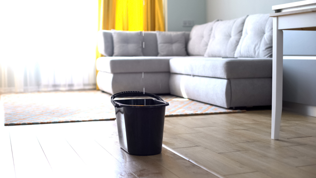 Black bucket collecting water from ceiling leak in modern living room with gray sofa