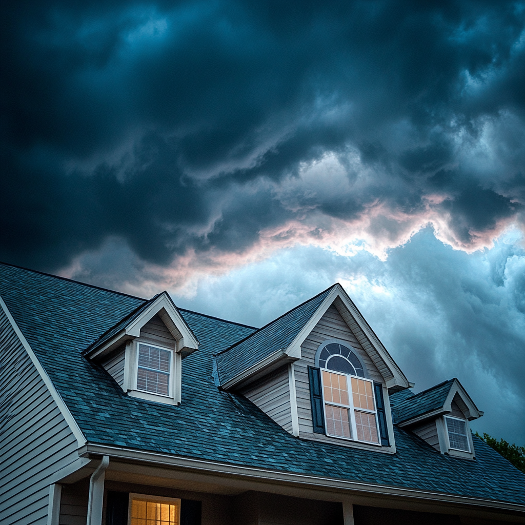Dark clouds over a house rooftop.